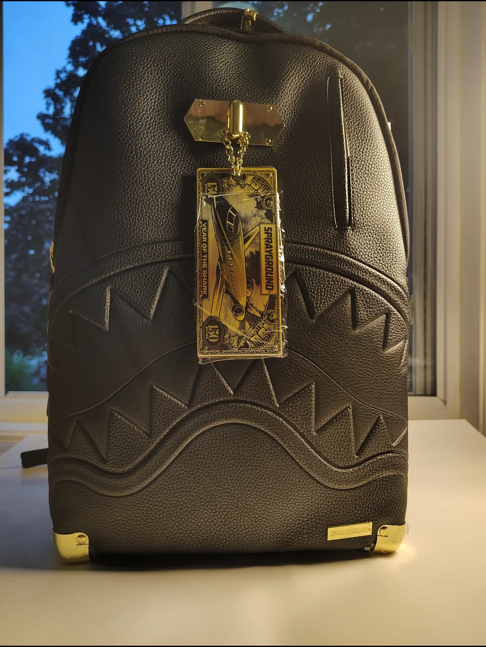 Sprayground Black Shark-Embossed Faux Leather Backpack with Gold Accents